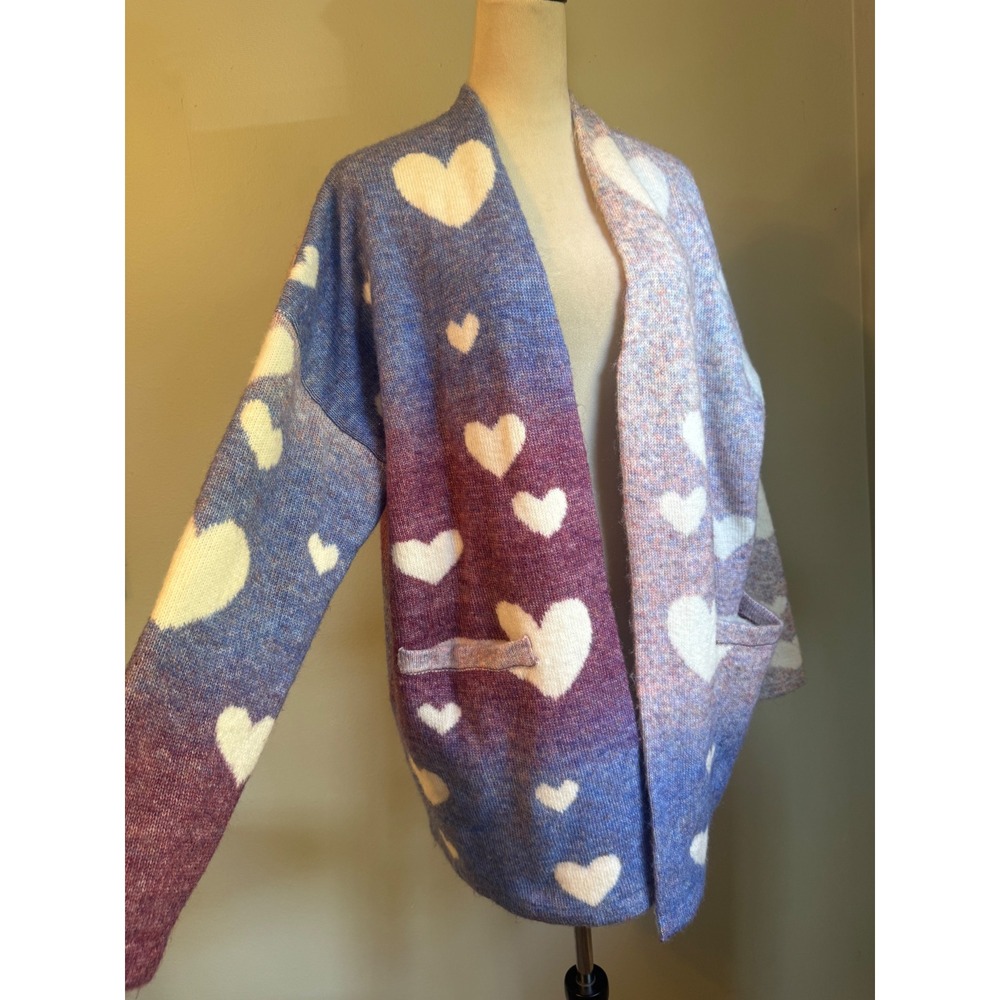 Wool Heart Print Ombre Cardigan Purple Blue XL NWT Y2K whimsi cottage coquette c